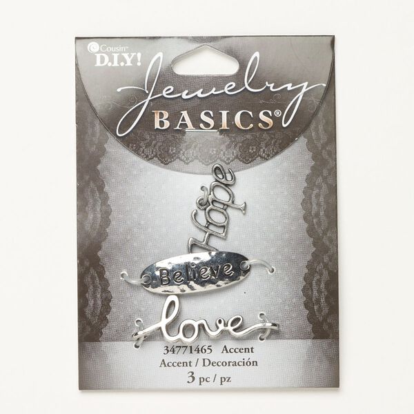 Charm and link assortment, antique silver-finished "pewter" (zinc-based alloy), 27x14mm "Hope" charm / 30x11mm hammered oval link with "Believe" / 32x14mm "love" link. Sold per pkg of 3. image number 0