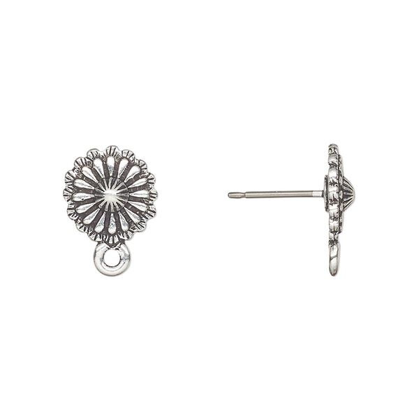 Earstud 1pkg10 TierraCast® antique silver-plated pewter (tin-based alloy), 10mm round concho / closed loop / wild west collection, 20 gauge 5 pair image number 0