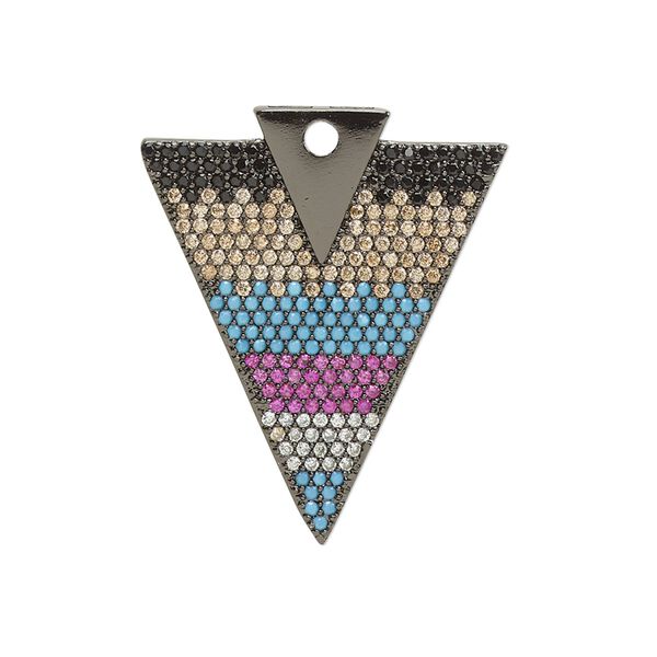 Drop, cubic zirconia and black-finished brass, multicolored, 29.5x24.5mm single-sided arrowhead. Sold individually. image number 0