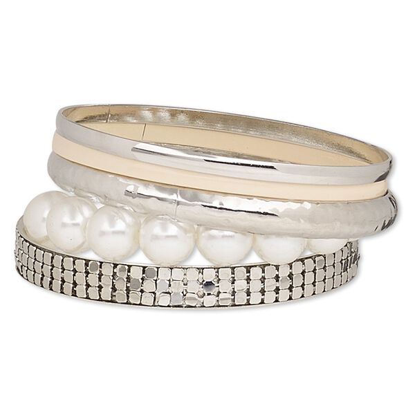 Bracelet, bangle and stretch, enamel / acrylic pearl / imitation rhodium-finished steel, white and peach, 4-10mm wide, 6-1/2 to 8 inches. Sold per 5-piece set. image number 0