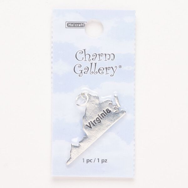 Charm, steel and enamel, pkg/1, silver finish and black, 34x17mm with "Virginia." image number 0