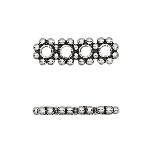 Spacer bead, sterling silver, 4-strand, 25x8x3mm beaded, fits up to 5.5mm bead. Sold per pkg of 2. image number 0