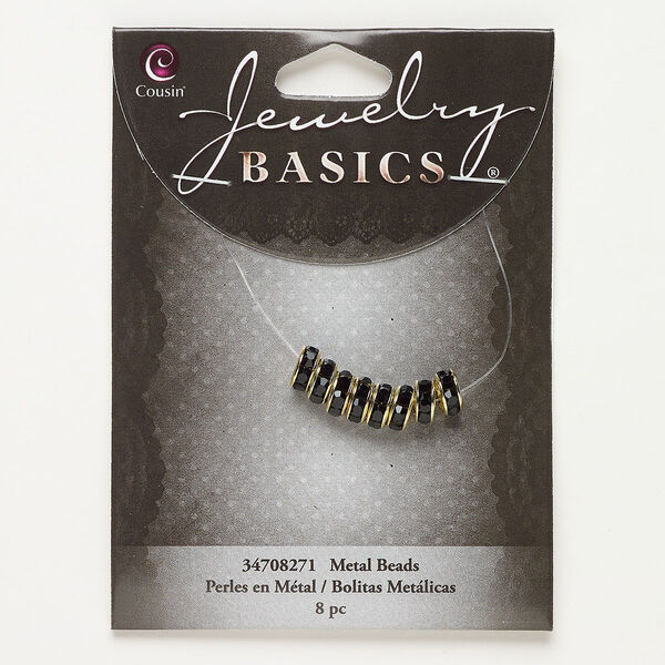 Bead, gold-finished "pewter" (zinc-based alloy) and glass, opaque black, 7x3mm rondelle. Sold per pkg of 8. image number 0