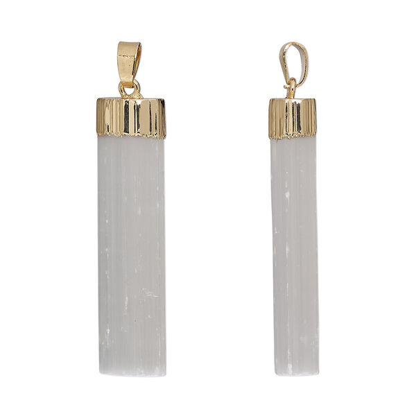 Selenite / steel / brass 1pkg1, gold-finished hand-cut freeform point pendant / bail natural 50x15mm-55x20mm image number 0