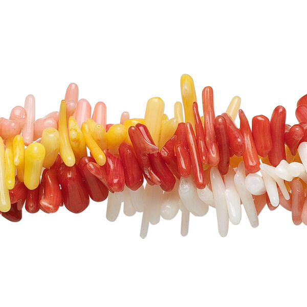 Bead, bamboo coral (bleached / dyed), assorted colors, 6x2mm-12x3mm cupolini, C grade, Mohs hardness 3-1/2 to 4. Sold per pkg of (4) 15" to 16" strands. image number 0