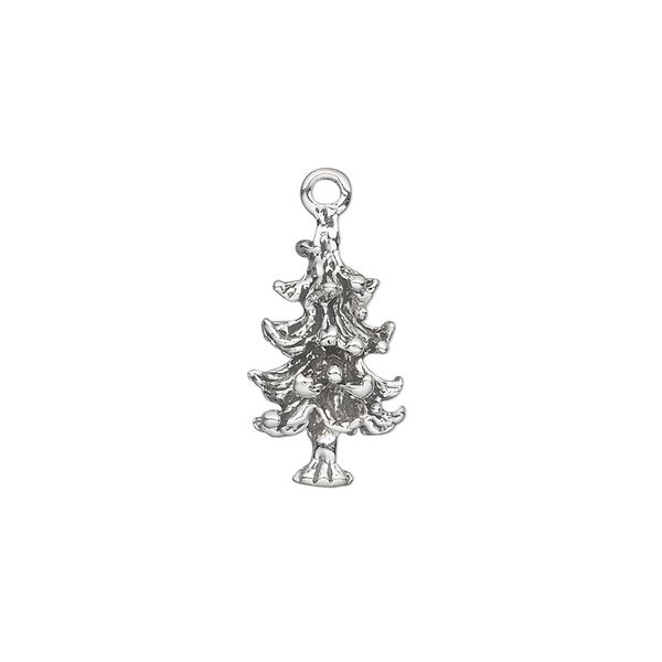 Charm, antiqued sterling silver, 17x10mm 3D pine tree. Sold individually. image number 0