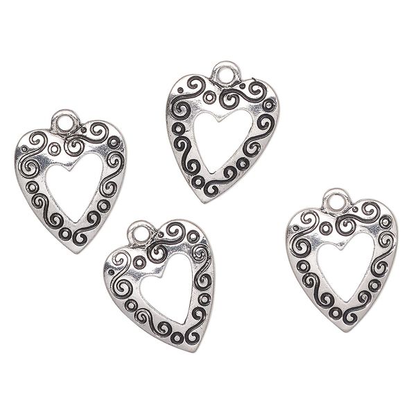 Charm, antique silver-finished "pewter" (zinc-based alloy), 17x16mm heart with swirls. Sold per pkg of 4. image number 0
