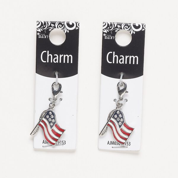 Charm, silver-finished "pewter" (zinc-based alloy) / steel / glass, clear / red / white / blue, 21x18mm single-sided American flag with lobster claw clasp. Sold per pkg of 2. image number 0