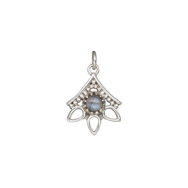 Drop, antiqued sterling silver and labradorite (natural), 14x12.5mm single-sided beaded open 3-teardrop. Sold individually. image number 0