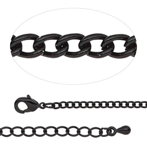 Chain, black-finished steel and brass, 2.2mm curb, 18 inches with 2-inch extender chain and lobster claw clasp. Sold individually. image number 0