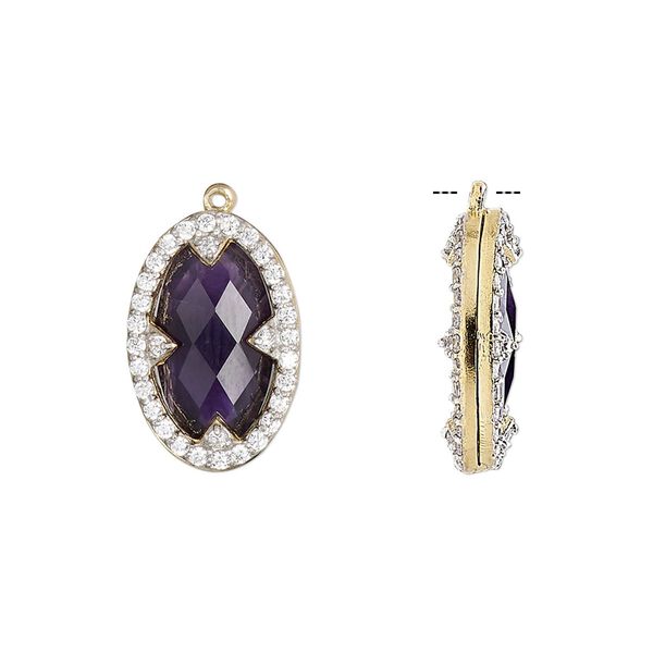 Drop, amethyst (natural) / cubic zirconia / gold-finished sterling silver, clear, 18x12mm double-sided faceted oval. Sold individually. image number 0