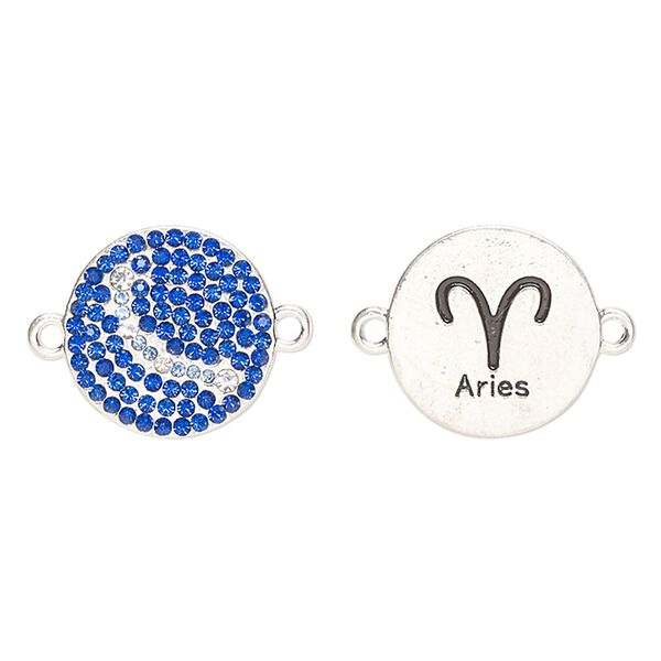 Link, "pewter" (zinc-based alloy)/enamel/cubic zirconia, pkg/1, antique silver finish and mixed colors, 20mm round 2-sided with "Aries" and zodiac symbol. image number 0