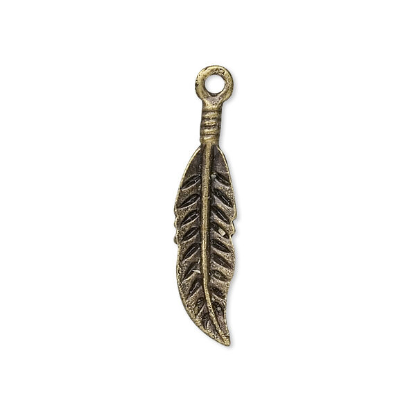 Charm, antique brass-plated "pewter" (zinc-based alloy), 25x7mm single-sided feather. Sold per pkg of 10. image number 0