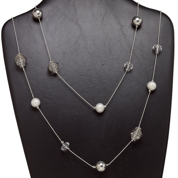 Necklace, imitation rhodium-finished brass and steel with glass, clear, 14mm round, 56-inch continuous loop. Sold individually. image number 0
