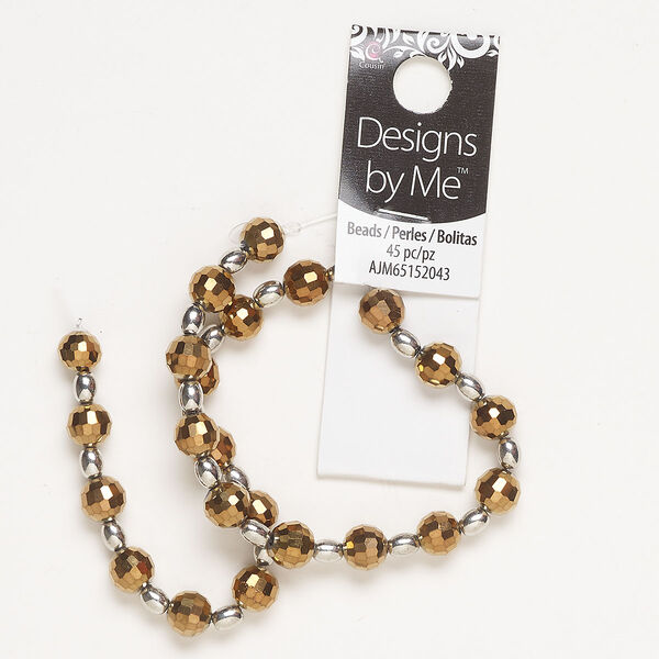 Bead assortment, "pewter" (zinc-based alloy) and glass, pkg/45, opaque bronze and silver finish, 8mm faceted round and 5x4mm oval. image number 0