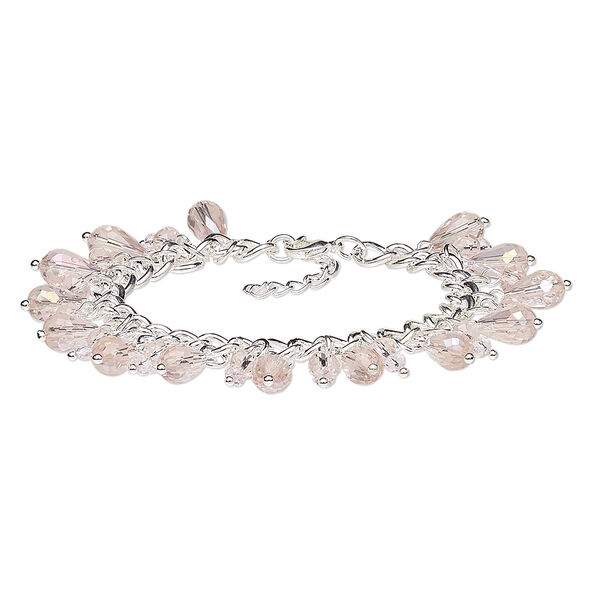 Bracelet, glass with silver-plated steel and "pewter" (zinc-based alloy), pink AB and pink, 26mm wide, 7 inches with 2-inch extender chain and lobster claw clasp. Sold individually. image number 0