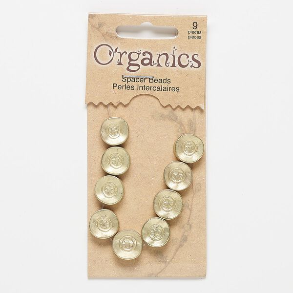Bead, gold-finished "pewter" (zinc-based alloy), 12mm double-sided matte flat round with star and circle design. Sold per pkg of 9. image number 0