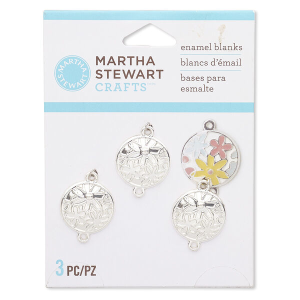 Link, silver-finished "pewter" (zinc-based alloy), 16mm flat round enamel blank with flower design. Sold per pkg of 3. image number 0