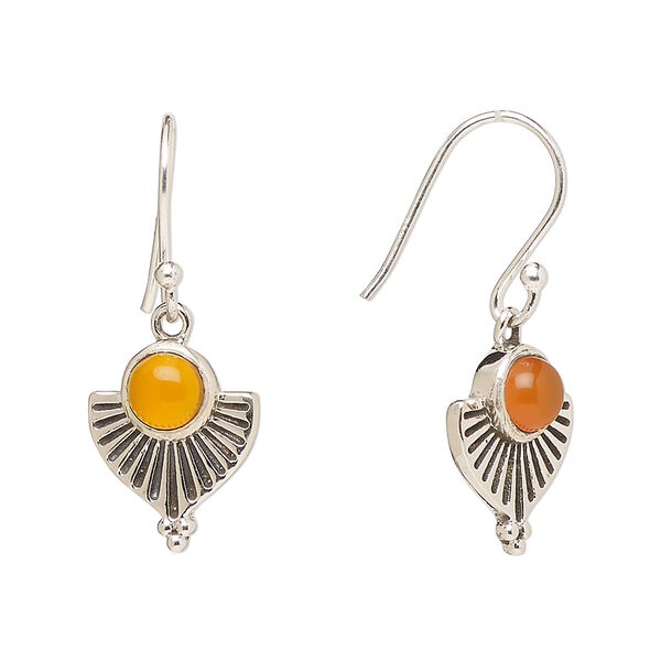 Ear wire, Create Compliments®, antiqued sterling silver and carnelian (dyed/heated), fishhook, 28mm with 14x11.5mm single-sided fan, 21 gauge. Sold per pair. image number 0