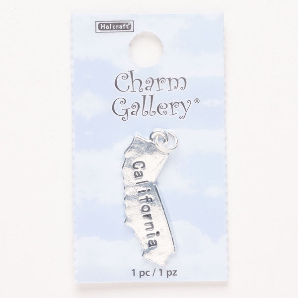 Charm, steel and enamel, pkg/1, silver finish and black, 26x21mm with "California." image number 0
