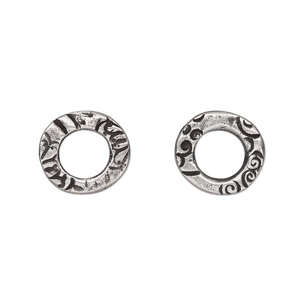 Component, TierraCast®, "Vida Mas Dulce" collection, antiqued pewter (tin-based alloy), 13x12mm uneven open round with flora design and 7mm hole. Sold per pkg of 4. image number 0