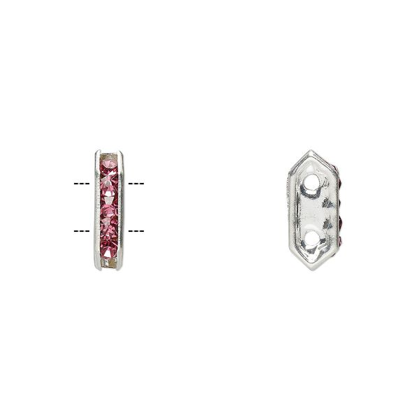 Spacer, glass rhinestone and silver-plated brass, rose, 11x2.5mm 2-strand bridge, fits up to 4.5mm bead. Sold per pkg of 10. image number 0