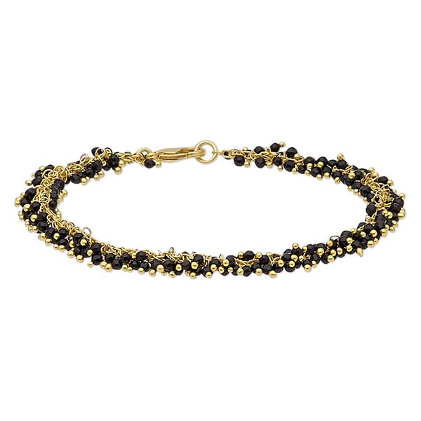 Bracelet, black onyx (dyed) and gold-finished brass, 8mm wide with 2mm faceted round, 7-1/2 inches with lobster claw clasp. Sold individually. image number 0
