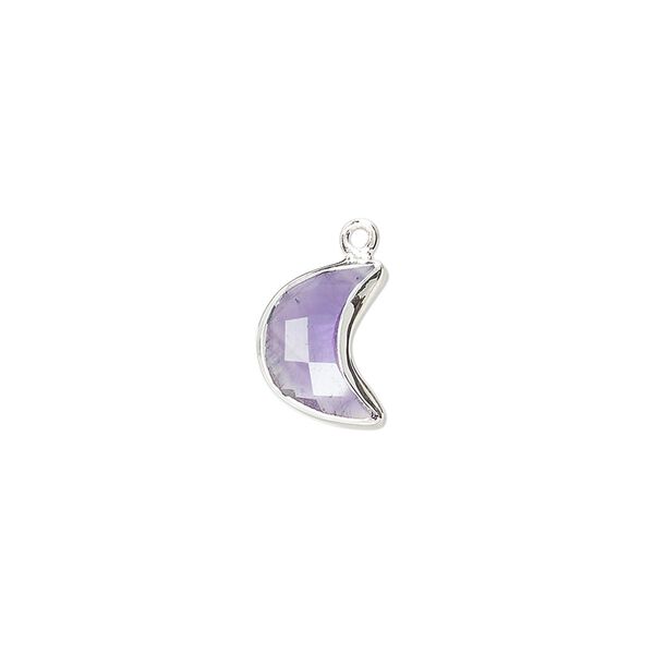 Drop sterling silver amethyst 1pk 11x8mm hand-cut faceted 2-sided half moon, natural image number 0