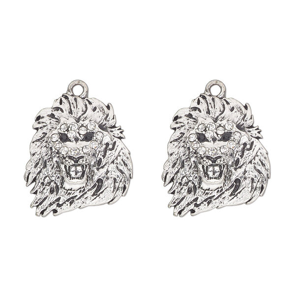 Charm, antique silver-finished "pewter" (zinc-based alloy) and glass, black, 23x22mm single-sided lion head. Sold per pkg of 2. image number 0