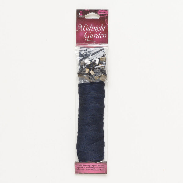 Ribbon and finding assortment, antique brass- / black- / imitation rhodium-finished steel and organza, navy blue, 13mm flat. Sold per 25-piece set. image number 0