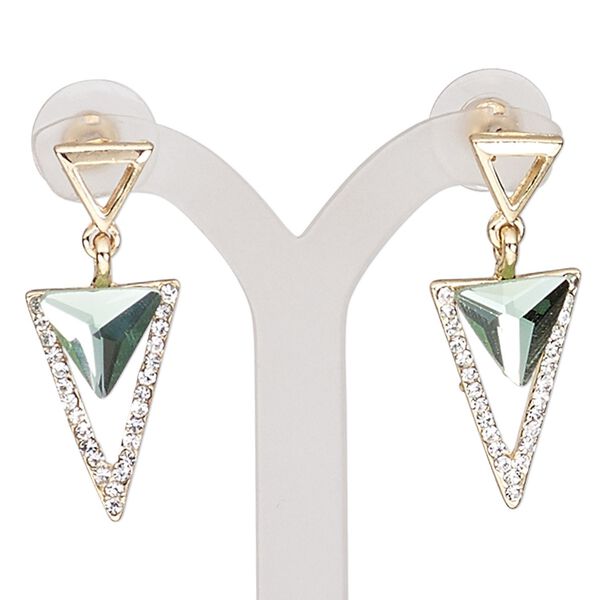 Earring, glass / glass rhinestone / stainless steel / gold-finished "pewter" (zinc-based alloy), green and clear, 34.5mm with triangle and post. Sold per pair. image number 0