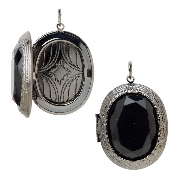 Focal, acrylic with gunmetal-finished steel and "pewter" (zinc-based alloy), black, 47x40mm textured oval locket. Sold individually. image number 0