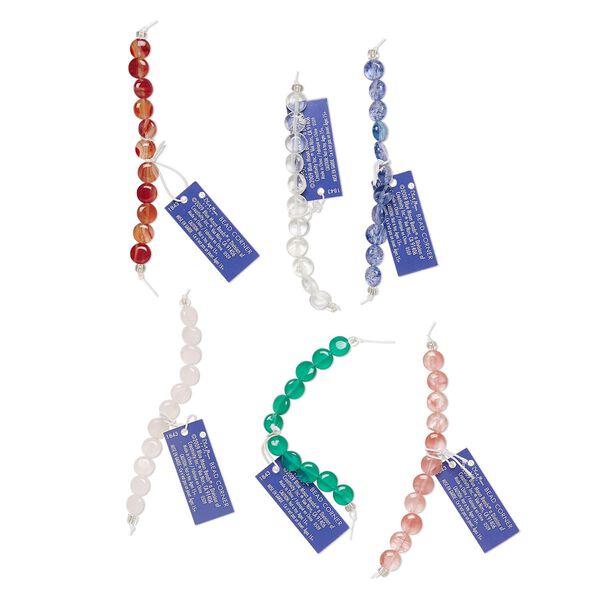Bead, glass, assorted colors, 8mm flat round. Sold per pkg of (6) 11-piece sets. image number 0