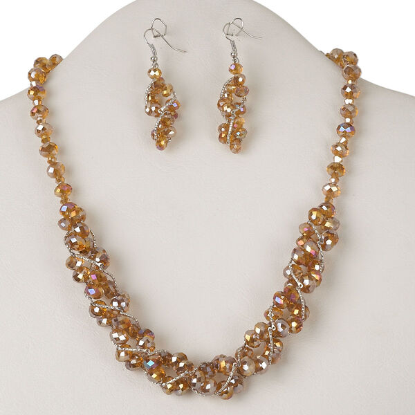 Necklace and earring set, glass with silver-plated brass and steel, champagne AB, 18 inches with 2-inch extender chain and lobster claw clasp, 59x12mm earring with fishhook ear wire. Sold per set. image number 0