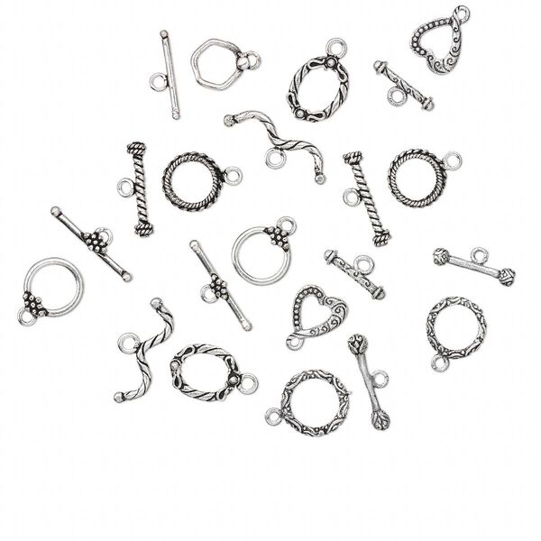 Clasp mix, toggle, antique silver plate copper, 17x14mm-15mm mixed shapes with beaded and rope design. Sold per 1-ounce pkg, approximately 10 clasps. image number 0