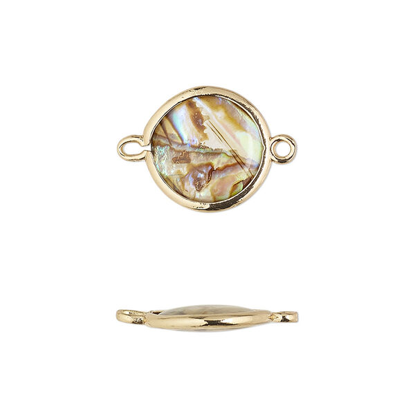 Link, paua shell and gold-finished brass (assembled), 12.5-13.5mm double-sided round. Sold per pkg of 4. image number 0