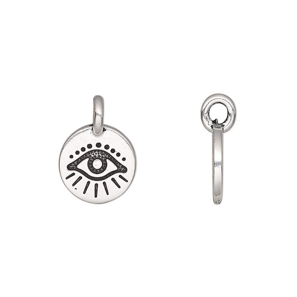 Charm, TierraCast®, antique silver-plated pewter (tin-based alloy), 12mm single-sided round with evil eye design. Sold per pkg of 2. image number 0