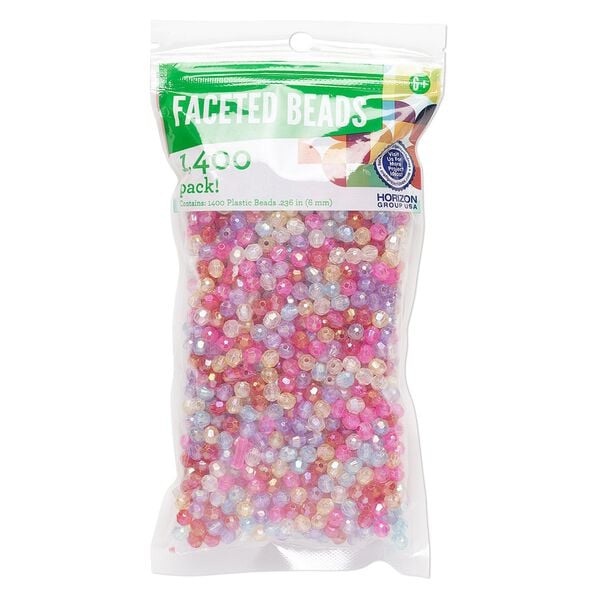 Bead mix, plastic, transparent mixed colors AB, 6mm faceted round. Sold per pkg of 1,400. image number 0