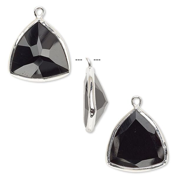 Drop, black onyx (dyed) and sterling silver, 16mm two-sided faceted triangle. Sold per pkg of 2. image number 0