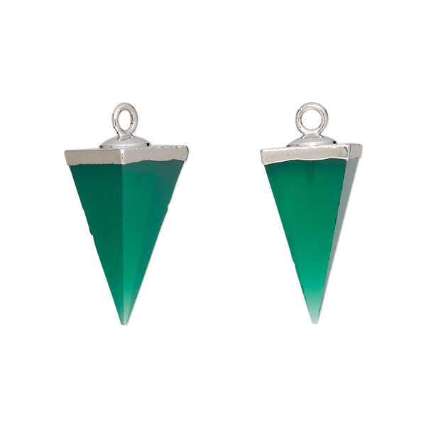 Drop, silver-plated green onyx (dyed) and electroplated sterling silver, 19x9mm-20x10mm hand-cut 3D 4-sided point, Mohs hardness 6-1/2 to 7. Sold individually. image number 0