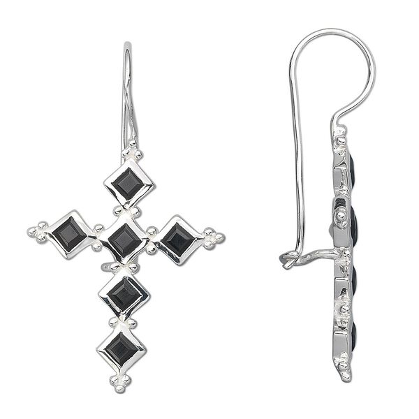 Earring, sterling silver and black onyx (dyed), 3mm faceted square, 42x24mm cross. Sold per pair. image number 0