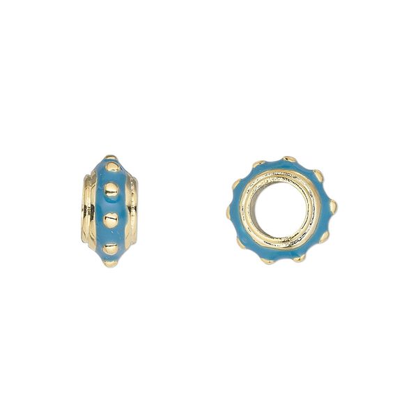 Bead, Dione®, gold-finished "pewter" (zinc-based alloy) and enamel, blue, 12x6mm beaded rondelle with 5mm hole. Sold individually. image number 0