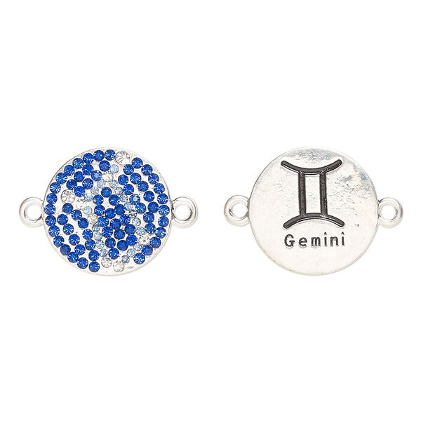 Link, "pewter" (zinc-based alloy)/enamel/cubic zirconia, pkg/1, antique silver finish and mixed colors, 20mm round 2-sided with "Gemini" and  zodiac symbol. image number 0