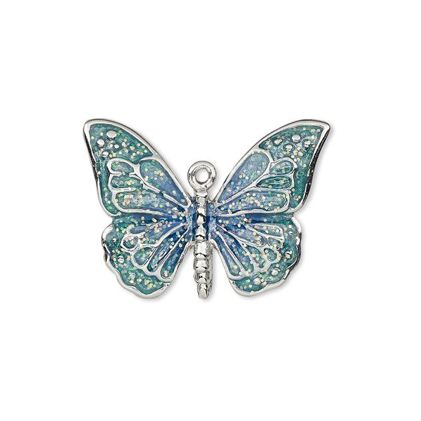 Charm, enamel and imitation rhodium-plated "pewter" (zinc-based alloy), blue and green with glitter, 26x19mm single-sided butterfly. Sold individually. image number 0