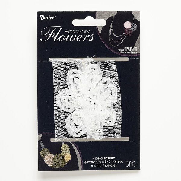 Sew-on component, fabric, white, 2-1/2 to 2-3/4 inch flower. Sold per pkg of 3. image number 0