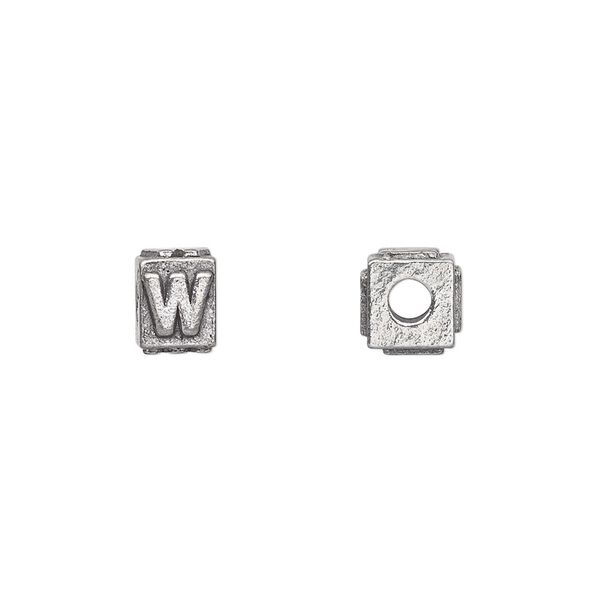 Bead, antiqued pewter (tin-based alloy), 8x6mm rectangle with alphabet letter "W". Sold per pkg of 4. image number 0