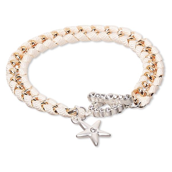 Bracelet, nylon / Czech glass rhinestone / copper-finished steel / silver-finished "pewter" (zinc-based alloy), white and clear, 8mm wide with 14.5mm star, 6-1/2 inches with toggle clasp. Sold individually. image number 0