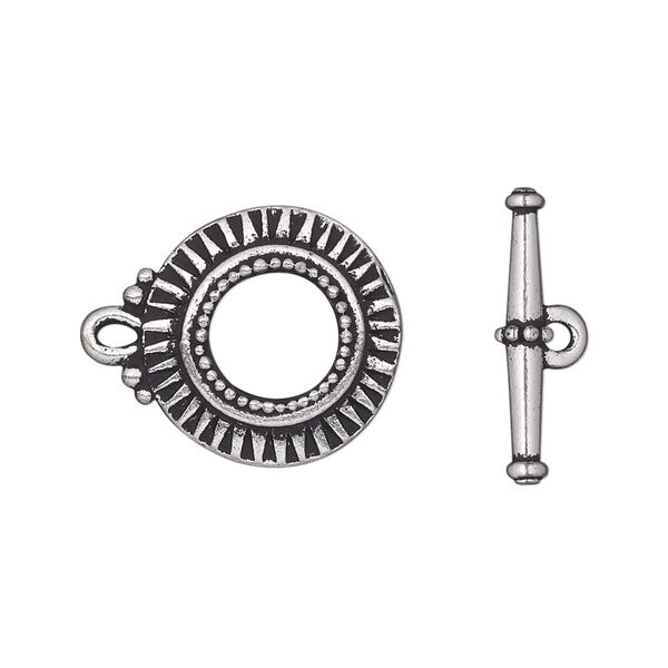 Clasp, TierraCast®, toggle, antique silver-plated pewter (tin-based alloy), 17.5mm round with sunburst design. Sold individually. image number 0