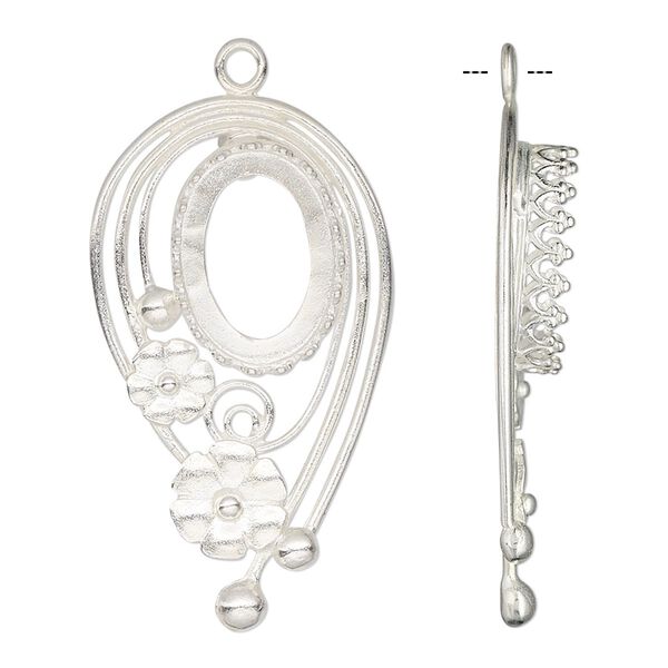 Focal, JBB Findings, silver-plated brass, 34x20mm-36x20mm single-sided with flower design and 14x10mm oval bezel setting. Sold individually. image number 0
