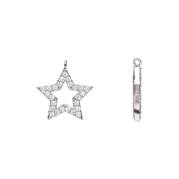 Charm, cubic zirconia and silver-finished brass, clear, 14x13.5mm single-sided open star. Sold individually. image number 0